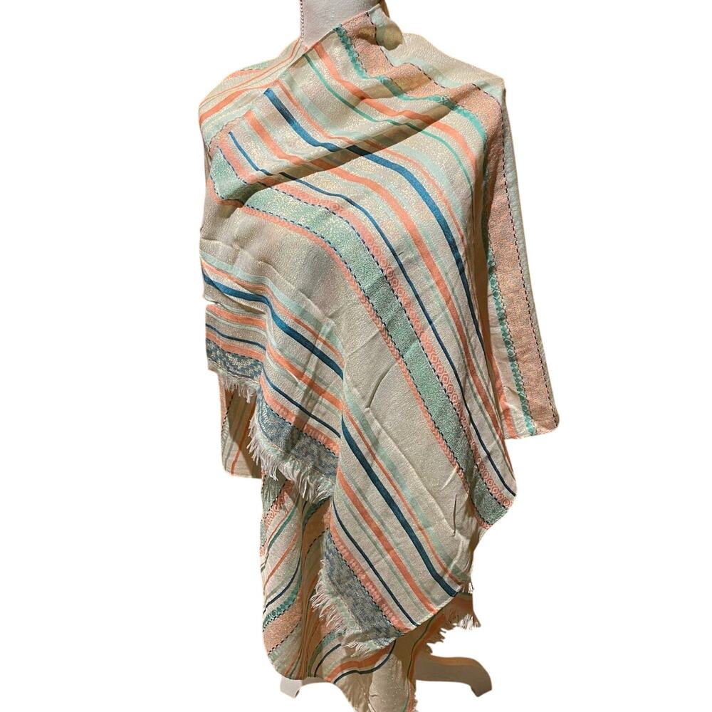 Boho Cottage Cream Scarf peach and green striped Lightweight Classic Packable